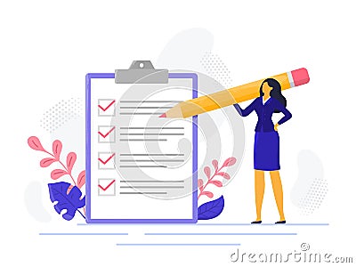 Businesswoman checklist. Successful woman checking task success, completed business tasks. Check mark list vector Vector Illustration