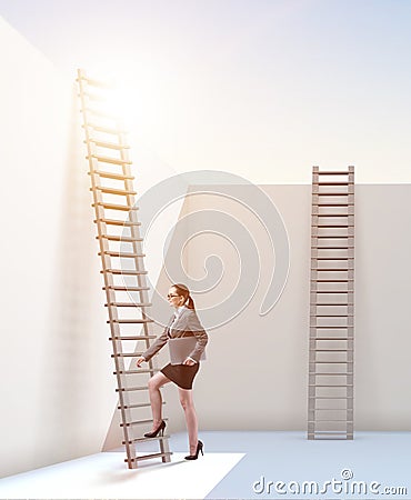Businesswoman climbing a ladder to escape from problems Stock Photo