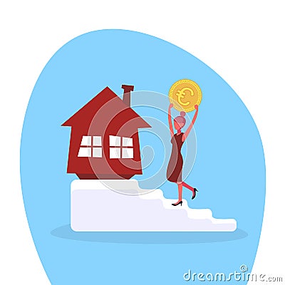 Businesswoman climbing stairs investing money euro coin house buying concept woman motivation goal realty investment Vector Illustration