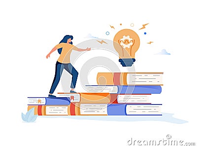 Businesswoman climbs on a stack of books to knowledge. Education and professional career concept. MBA. Modern vector Cartoon Illustration