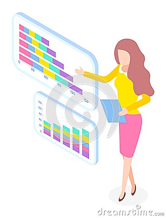 Businesswoman with clipboard presenting growing graphic, chart, web analytics, analysing business Vector Illustration