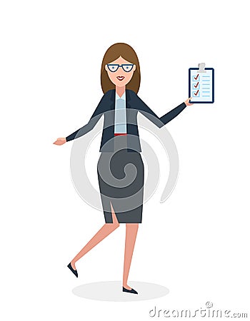Businesswoman with clipboard and thumb up. Vector Illustration