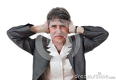 Businesswoman closing ears Stock Photo