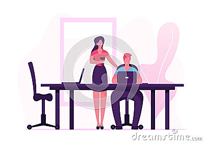 Businesswoman with Coffee Cup in Hand Stand near Man Sitting at Desk Working on Laptop in Office. Company Employees Vector Illustration