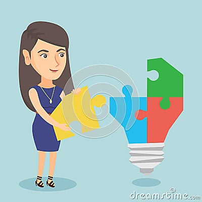 Businesswoman completing lightbulb made of puzzle. Vector Illustration