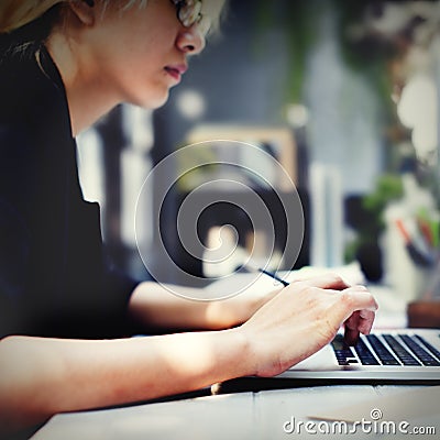 Businesswoman Concentrate Data Determine Device Concept Stock Photo