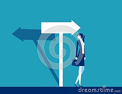Businesswoman confused with the direction of the arrow sign. The arrow shadow in opposite direction Vector Illustration
