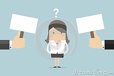 Businesswoman confused about two choices. Vector Illustration