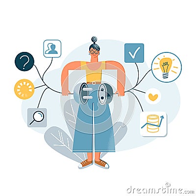 Businesswoman connecting plug and socket with magnifier, light bulb, contacts on wires Vector Illustration