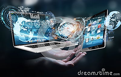 Businesswoman connecting tech devices to each other 3D rendering Stock Photo