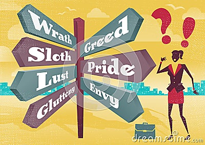Businesswoman Contemplates 7 Deadly Sins Sign Post Dilemma. Vector Illustration