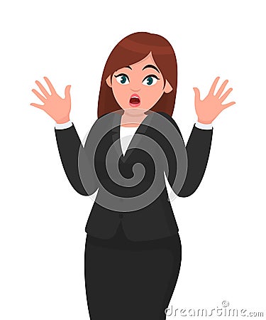 Businesswoman in depression with fear or shock emotion and making gesture hands. Human body language and emotion face expression. Vector Illustration