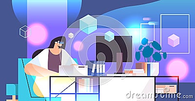 businesswoman in digital glasses working on computer at workplace in office vr vision headset innovation metaverse Vector Illustration