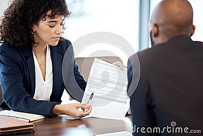 Businesswoman, documents and financial advisor consulting client for paperwork, report or investment idea. Broker Stock Photo