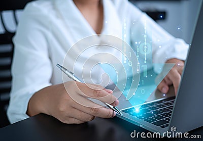 Businesswoman downloading business data from internet network showing usage of big data network and cloud computing system Stock Photo