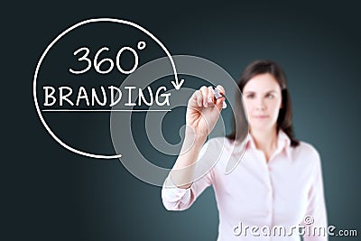 Businesswoman drawing a 360 degrees Branding concept on the virtual screen. Blue background. Stock Photo