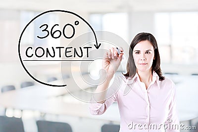 Businesswoman drawing a 360 degrees Content concept on the virtual screen. Office background. Stock Photo