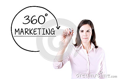 Businesswoman drawing a 360 degrees Marketing concept on the virtual screen. Stock Photo