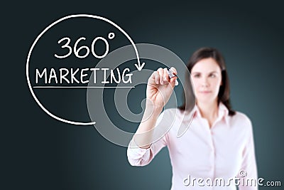 Businesswoman drawing a 360 degrees Marketing concept on the virtual screen. Blue background. Stock Photo