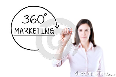 Businesswoman drawing a 360 degrees Marketing concept on the virtual screen. Isolated on white. Stock Photo