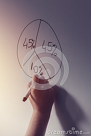 Businesswoman drawing pie chart on office whiteboard Stock Photo