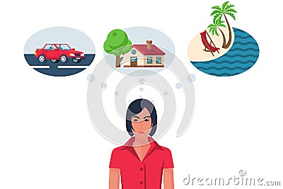 Businesswoman dreams of a new car at home or a vacation on the island Vector Illustration