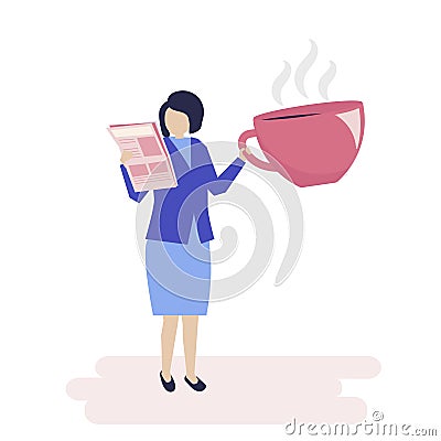 Businesswoman drinking coffee and reading a newspaper illustration Vector Illustration