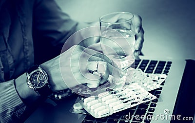 Businesswoman drinks drugs, stress, problem,tired, tablet,unhappy, nerves, overdose Stock Photo