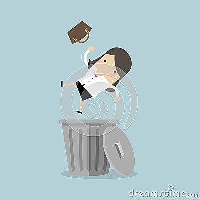 Businesswoman dropped into trashcan layoff concept. Vector Illustration