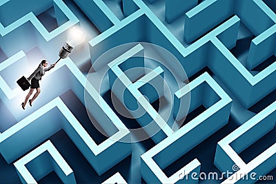 The businesswoman escaping from maze on balloon Stock Photo