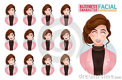 Businesswoman facial expressions vector set. Business woman characters face collection with smiling, friendly, upset and shocked. Vector Illustration