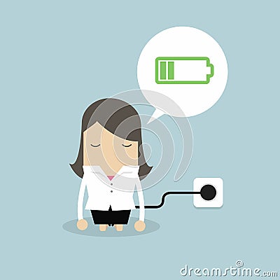Businesswoman feeling tired and charging battery. Vector Illustration