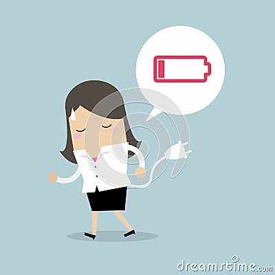 Businesswoman feeling tired and low power battery. Vector Illustration