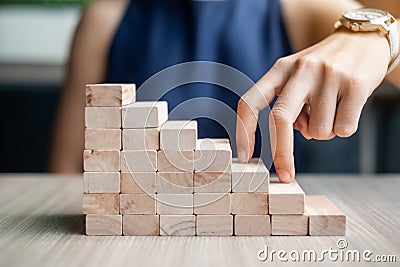 Businesswoman finger step on wooden block building Stock Photo