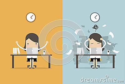 Businesswoman finish working and busy businesswoman unfinished work. Vector Illustration