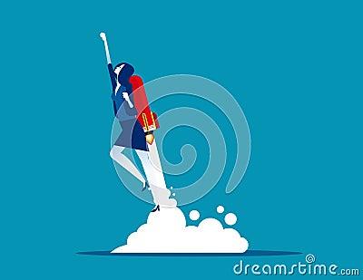 Businesswoman flying up by rocket. Concept business growth vector illustration, Rocket and take off Vector Illustration