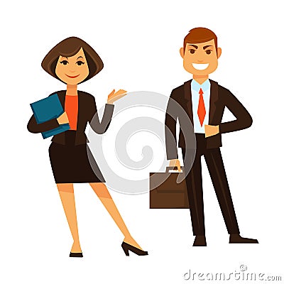 Businesswoman with folder and businessman with briefcase isolated on white Vector Illustration