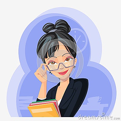 Businesswoman with folders in her hands. Vector Illustration