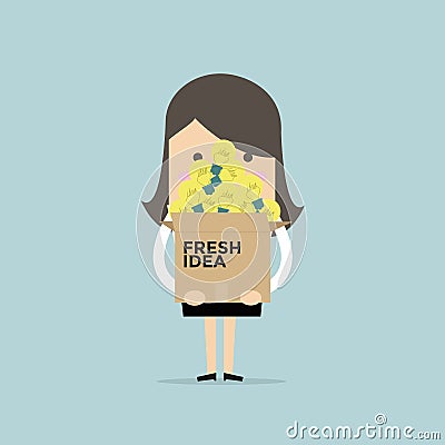 Businesswoman with fresh idea bulb in a box. Vector Illustration