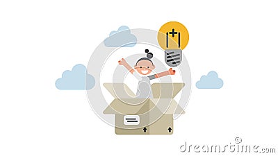 Businesswoman get out of paper box with new light bulb idea. think outside the box Vector Illustration