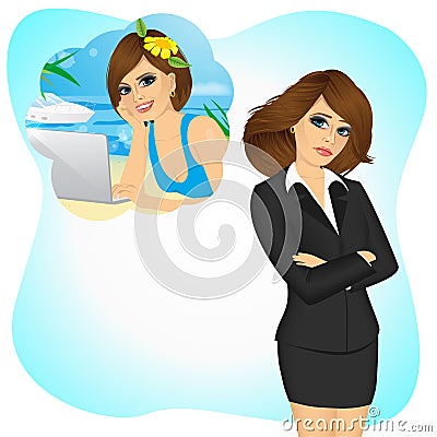 Businesswoman girl longing to work remotely Vector Illustration