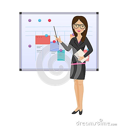 Businesswoman girl with pointer, documents in hands, near magnetic board. Vector Illustration