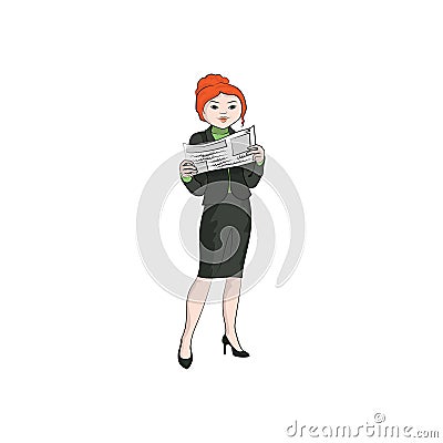 Businesswoman girl, woman reading a newspaper. Vector color Cartoon Illustration