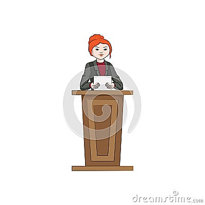 Businesswoman girl, woman reading a report at the podium. Vector color Vector Illustration