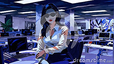Businesswoman in glasses sitting in office. AI generated illustration in pop art style. Cartoon Illustration