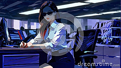 Businesswoman in glasses sitting in office. AI generated illustration in pop art style. Cartoon Illustration