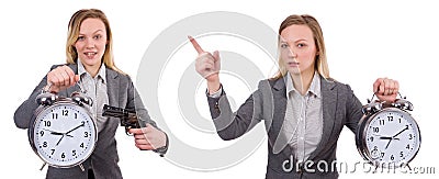 The businesswoman in gray suit holding alarm clock isolated on white Stock Photo