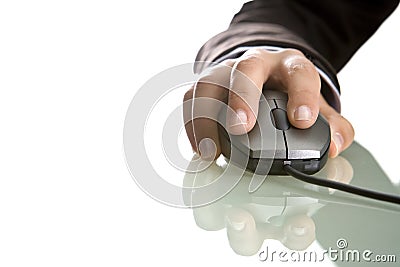 Businesswoman hand close up on computer mouse Stock Photo