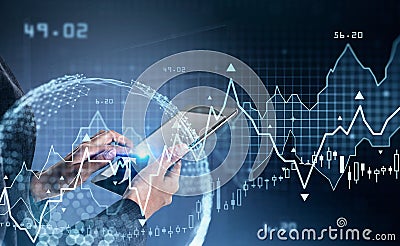Businesswoman hands and finger touch tablet display. Stock market changes candlesticks, data information icons and rising graph. Stock Photo
