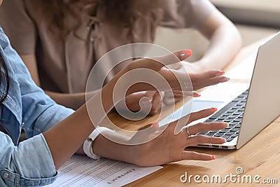 Businesswoman hands, manager consulting client about contract during meeting Stock Photo